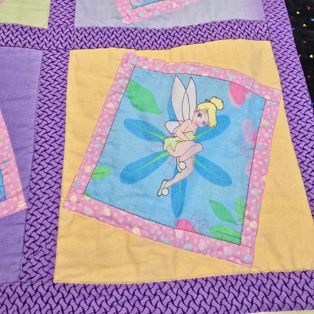 Disney Tinker Bell Handmade Quilt Blanket Fairy Patchwork Purple Yellow 55x46